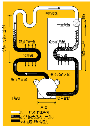 圖1.制冷系統(tǒng) 在典型的制冷系統(tǒng)中，壓縮機(jī)將熱氣體送到冷凝器，隨后，冷凝液通過蒸發(fā)器中的一個(gè)膨脹閥，進(jìn)行蒸發(fā)并獲取來自被冷卻區(qū)域的熱量。